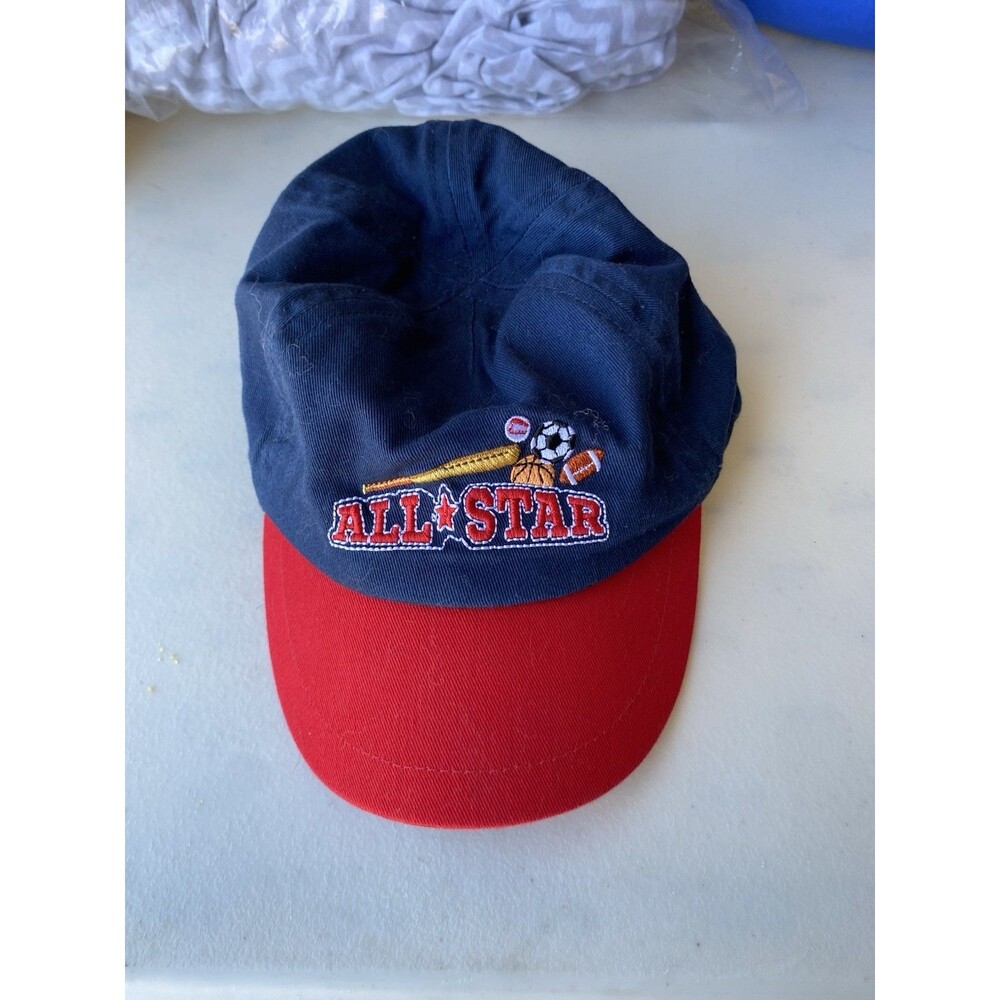 Wonder Nation All Star Sports Ball Embroidered Hat Navy Blue Red Brim